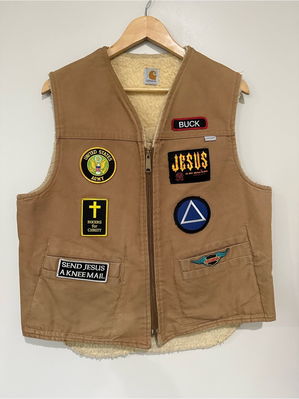 VTG Carhartt Union Made USA Duck Vest Large Sherpa Lined Biker Jesus Army - Picture 2 of 15
